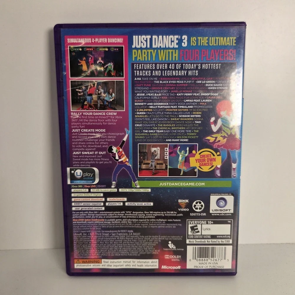 Just Dance 3 Microsoft Xbox 360 Kinect Game CIB E10+ Ubisoft NTSC Dance Party